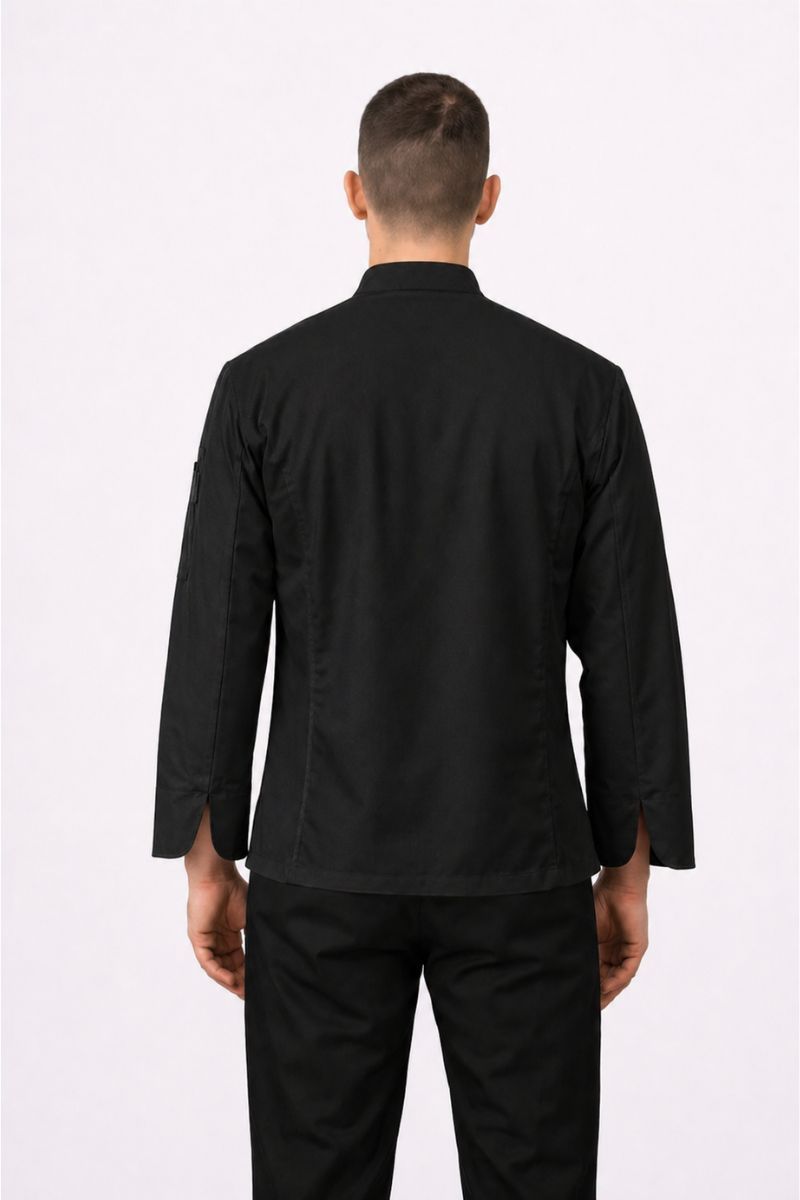 Chaqueta de cocina hombre microfibra transpirable negra con broches ocultos uniforme profesional chef
