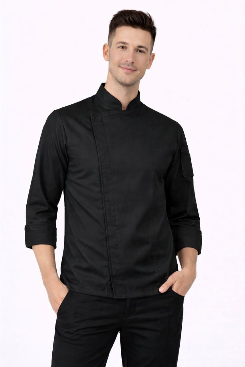 Chaqueta de cocina hombre microfibra transpirable negra con broches ocultos uniforme profesional chef