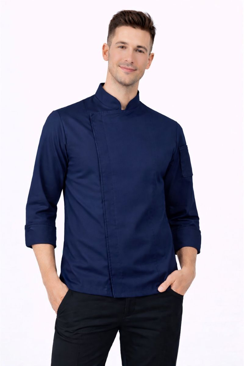 Chaqueta de cocina hombre microfibra transpirable azul marino con broches ocultos uniforme profesional chef