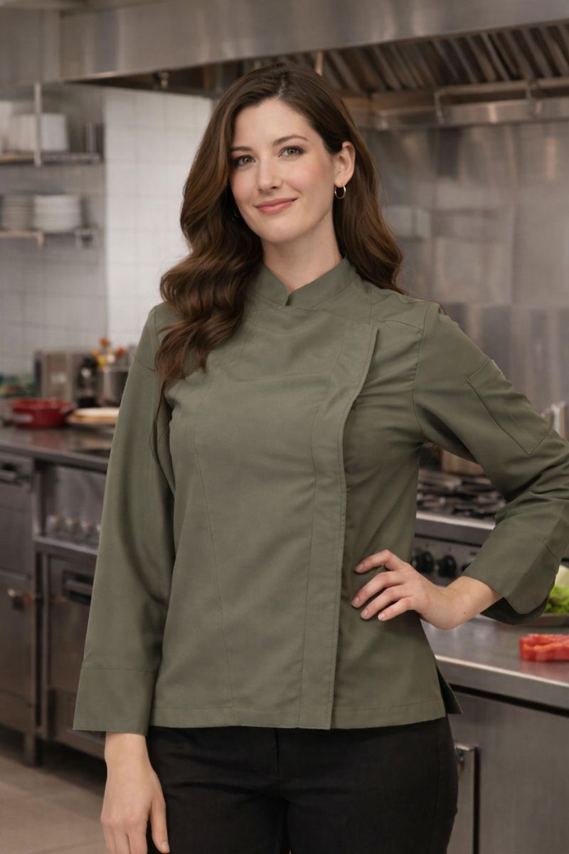 chaqueta cocina mujer verde caqui profesional transpirable antimanchas