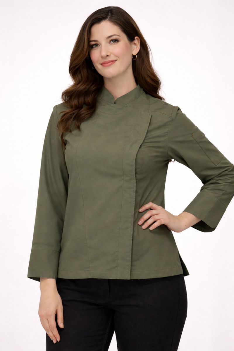 chaqueta cocina mujer verde caqui profesional transpirable antimanchas