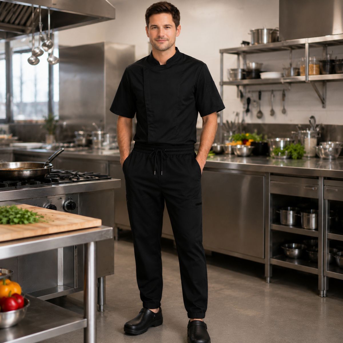 Pantalón laboral unisex Negro Roger de microfibra elástica con bolsillos funcionales