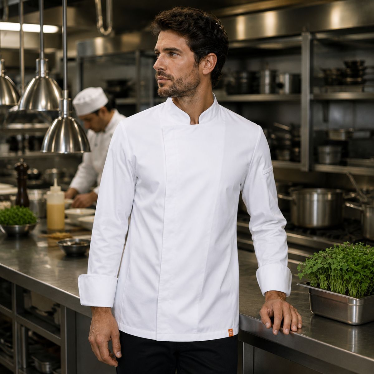 Chaqueta de cocina hombre blanca Mistral Roger con manga larga y espalda transpirable