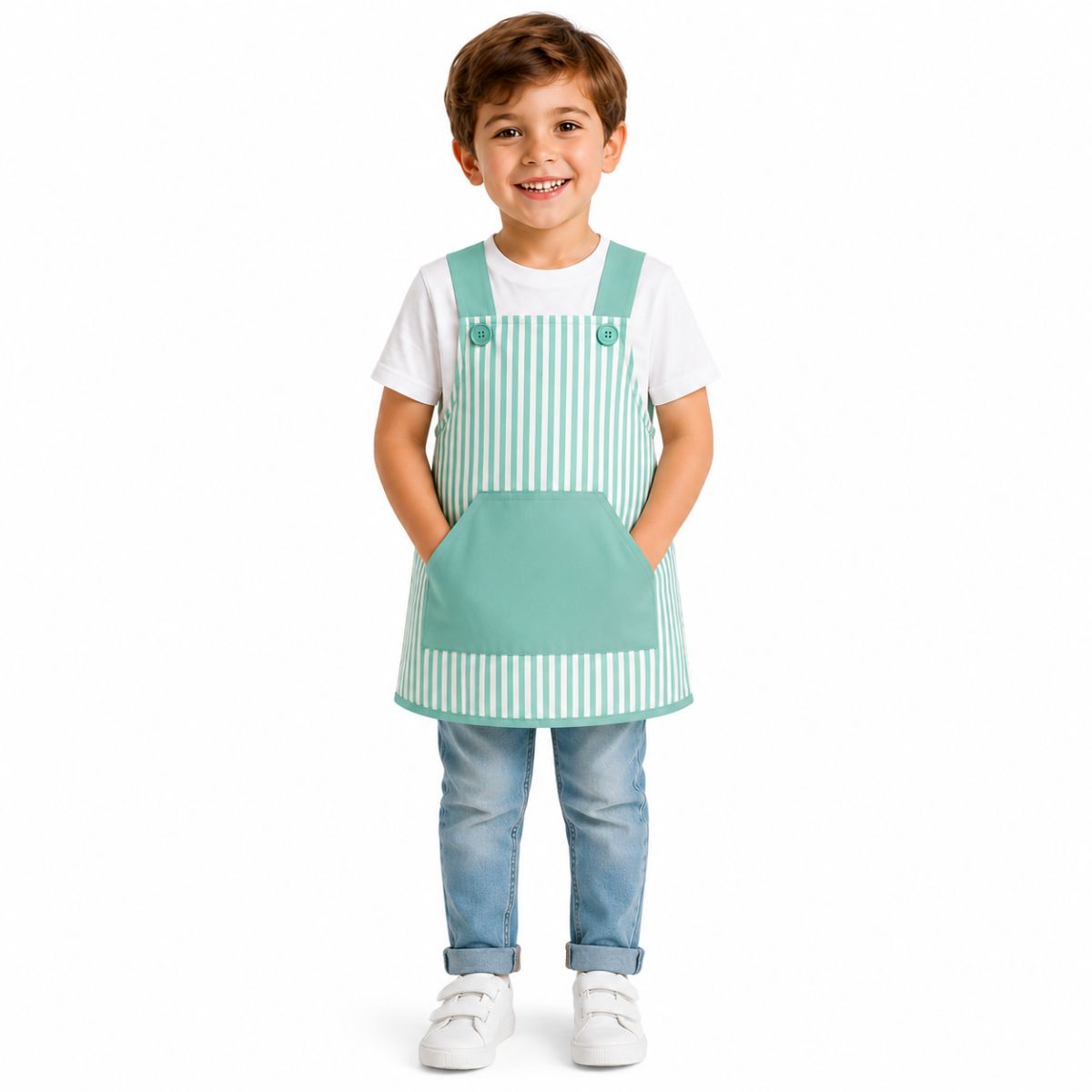 Babi Infantil con Tirantes Rayas Verde y Bolsillo Canguro de Unifor Gran para guardería y colegio