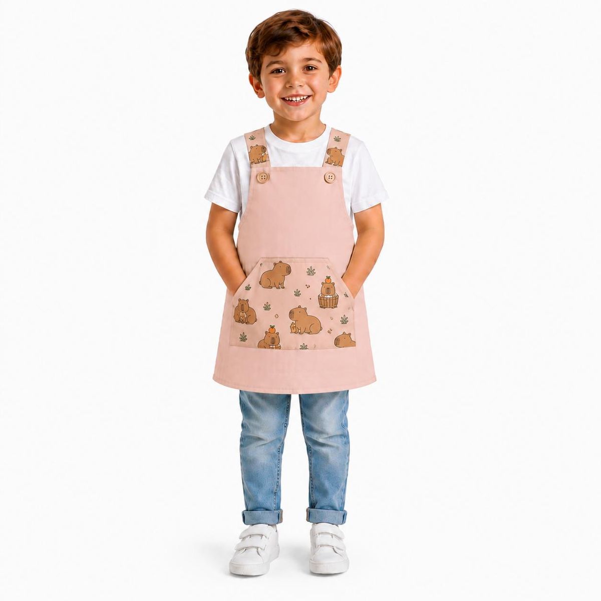 Babi infantil capibara en colores beige y rosa, con tirantes sublimados y tejido Popelín Galaxy de Unifor Gran.