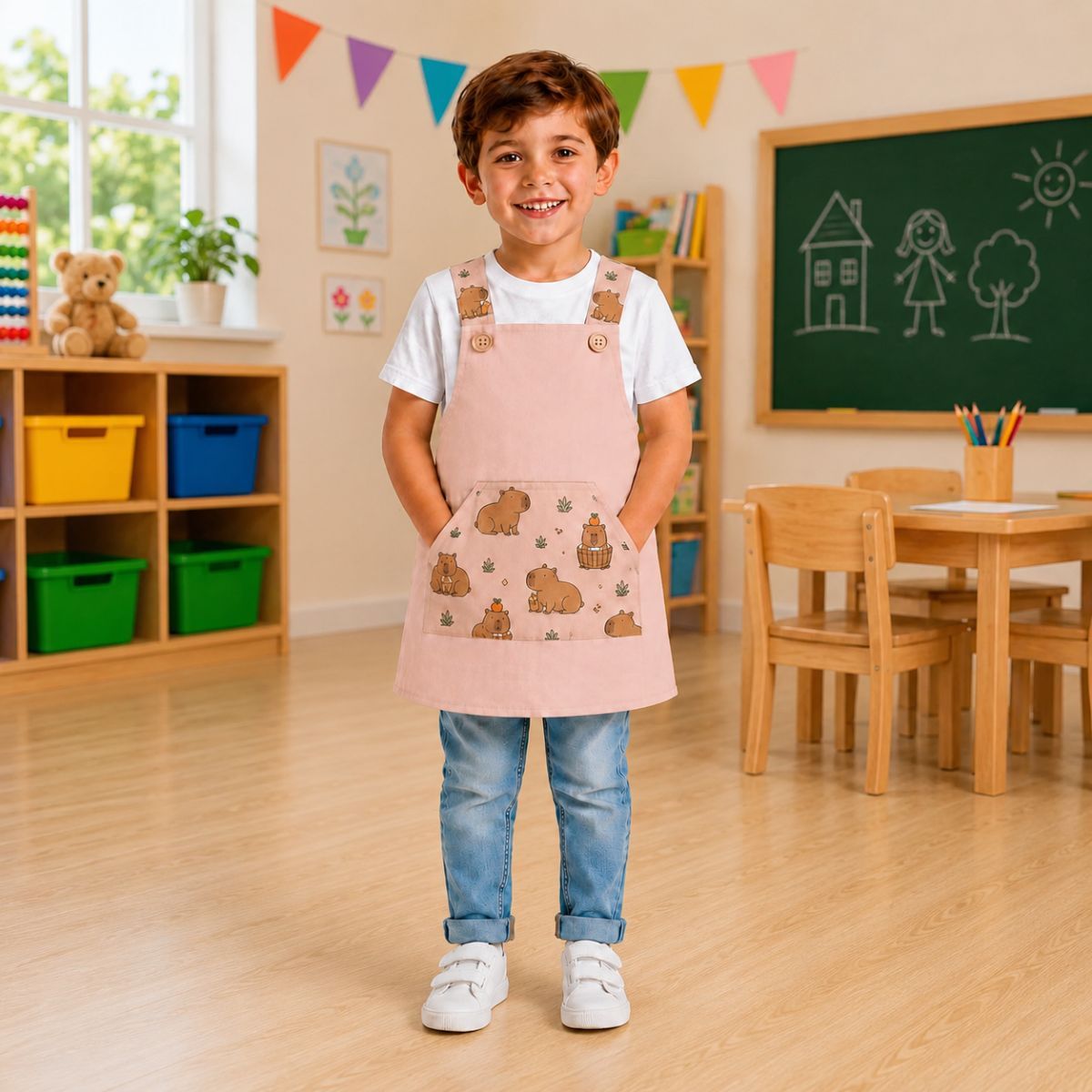 Babi infantil capibara en colores beige y rosa, con tirantes sublimados y tejido Popelín Galaxy de Unifor Gran.