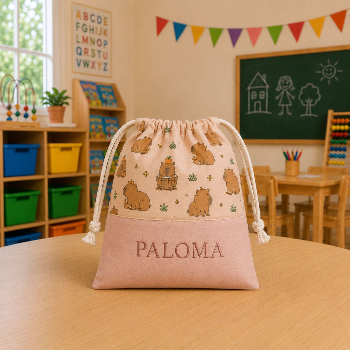 Bolsa Escolar Personalizada Capibara Rosa con Nombre Bordado | Unifor Gran