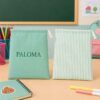 Bolsa escolar infantil personalizada de rayas verdes con nombre bordado PALOMA, confeccionada en tejido Popelín Galaxy para guardería y colegio.