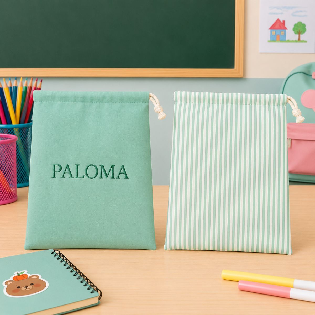Bolsa escolar infantil personalizada de rayas verdes con nombre bordado PALOMA, confeccionada en tejido Popelín Galaxy para guardería y colegio.