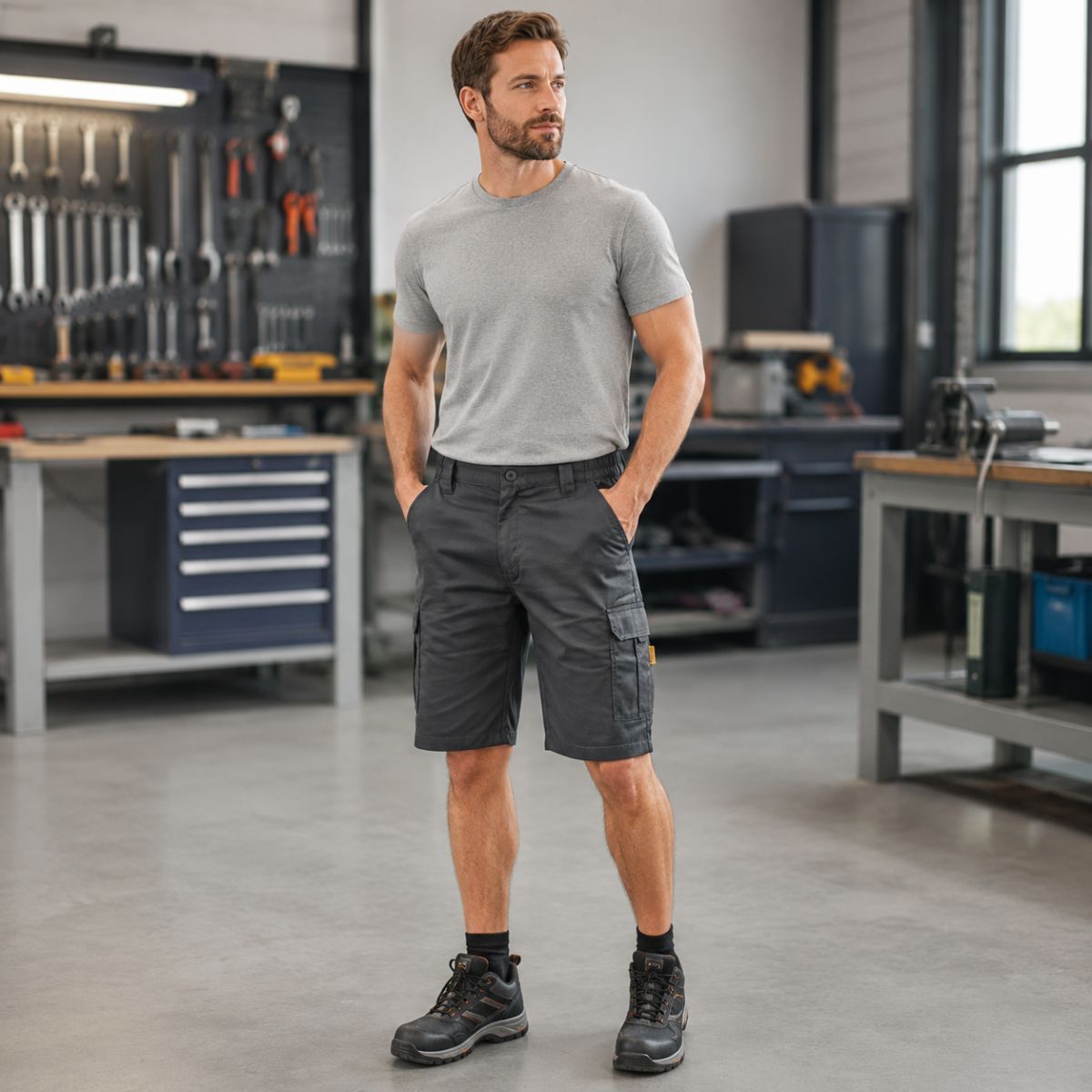 Bermuda Laboral Angus Confort Elástica Unisex BEEWORK.WEAR gris multibolsillos