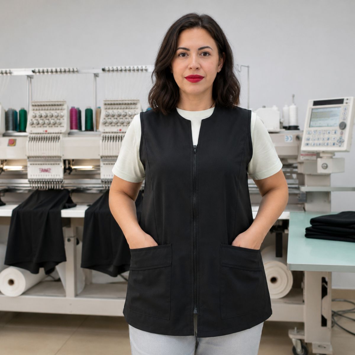 Casaca Profesional de Microfibra Mod. Marta negra con cremallera y bolsillos laterales fabricada en España