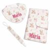Pack bebé personalizado con porta pañales y toallitas, babero y chupetero ositos rosa con nombre bordado