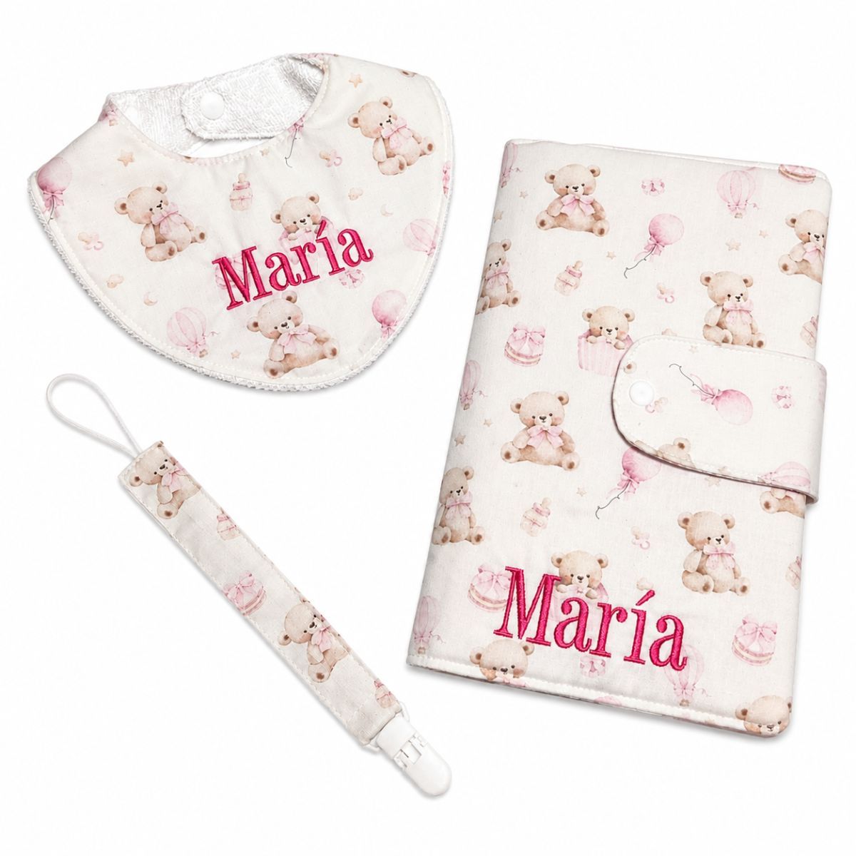 Pack bebé personalizado con porta pañales y toallitas, babero y chupetero ositos rosa con nombre bordado