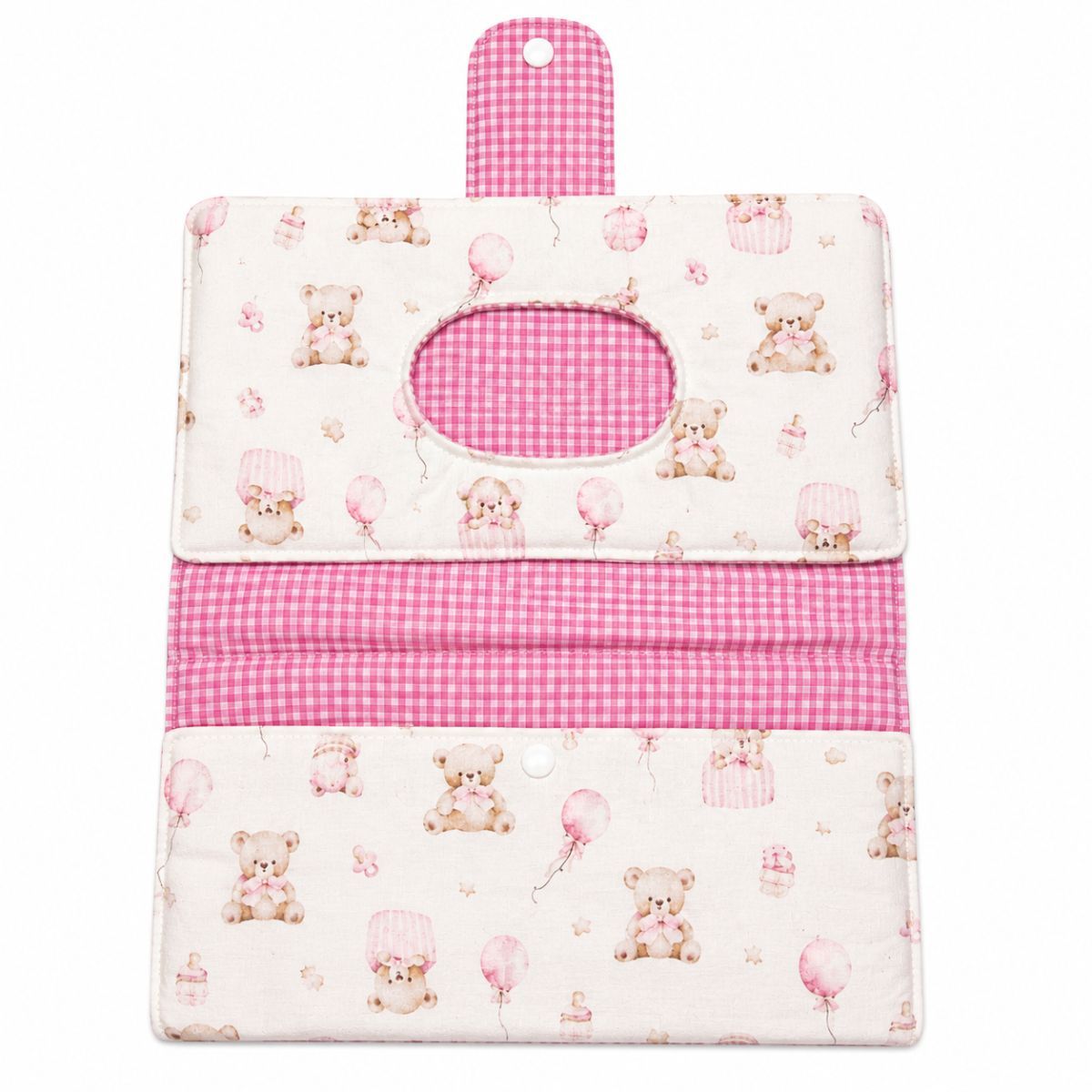 Pack bebé personalizado con porta pañales y toallitas, babero y chupetero ositos rosa con nombre bordado
