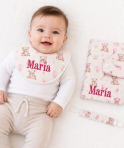 Pack bebé personalizado con porta pañales y toallitas, babero y chupetero ositos rosa con nombre bordado