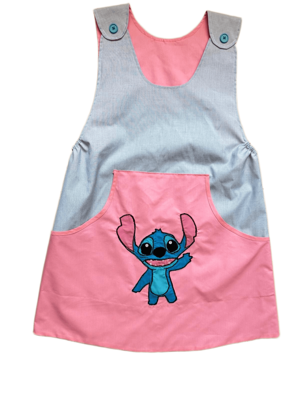 Bata de maestra personalizada rosa y gris con aplicaciones de tela artesanales y bolsillo delantero