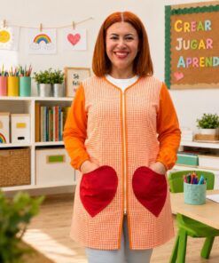 Bata de maestra vichy con bolsillos corazón y manga larga