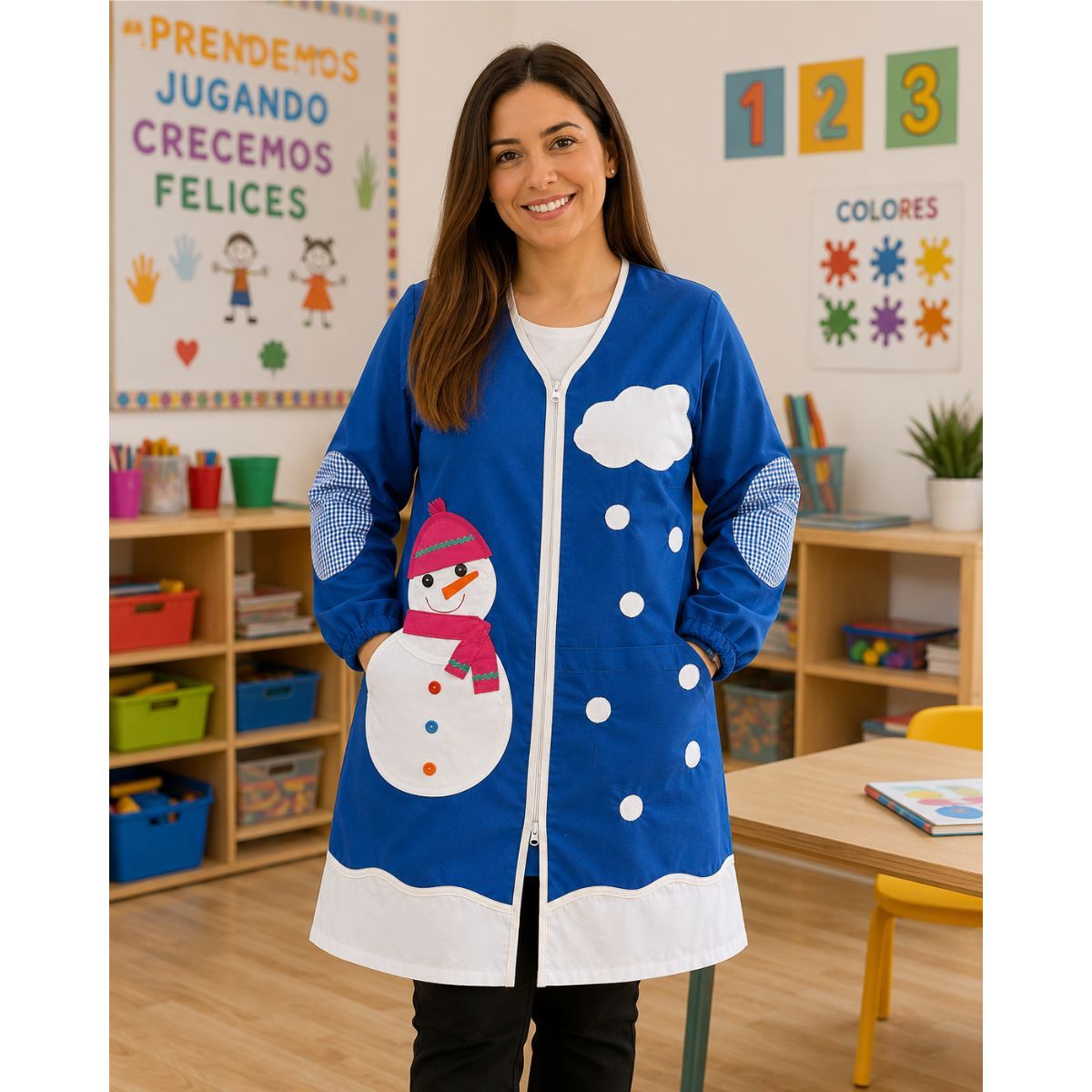 Bata Maestra Infantil Muñeco de Nieve con Apliques de Tela